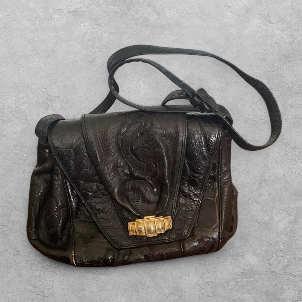 Vintage Sharif Patchwork Reptile Leather Crossbody Bag Made USA Boho